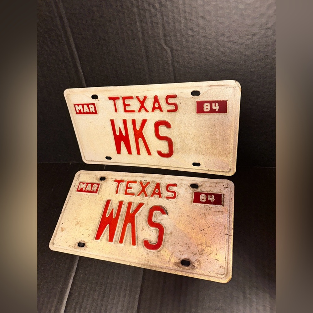 Vintage March 1984 License Plate WKS Vanity Plate Pair Set